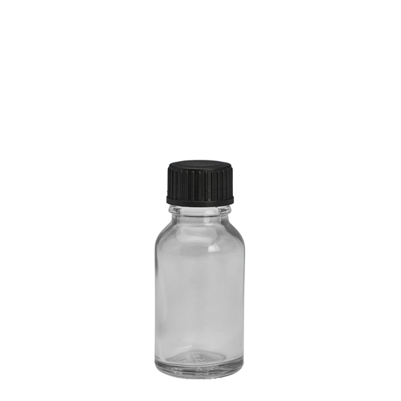 15ml Clear Drip Btl & 18mm Black Foam Wad Cap