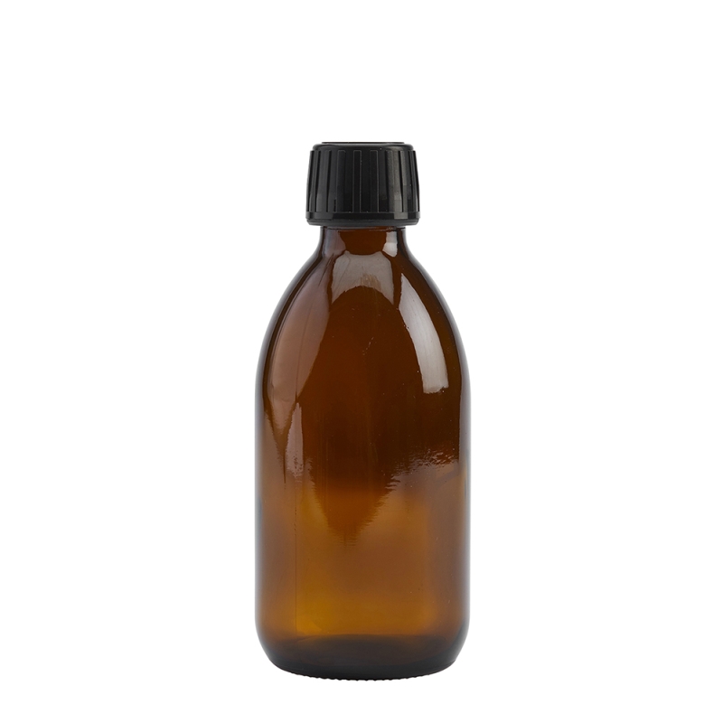 250ml Amber Syrup Btl & 28mm Black Deep T/T