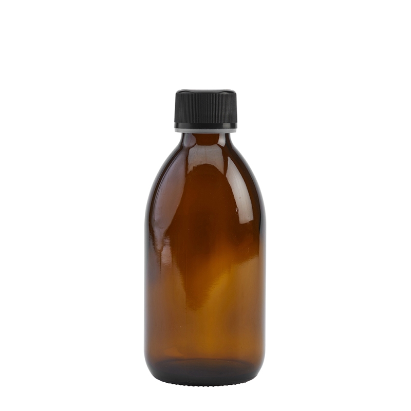 250ml Amber Syrup Btl & 28mm Black Nera T/T