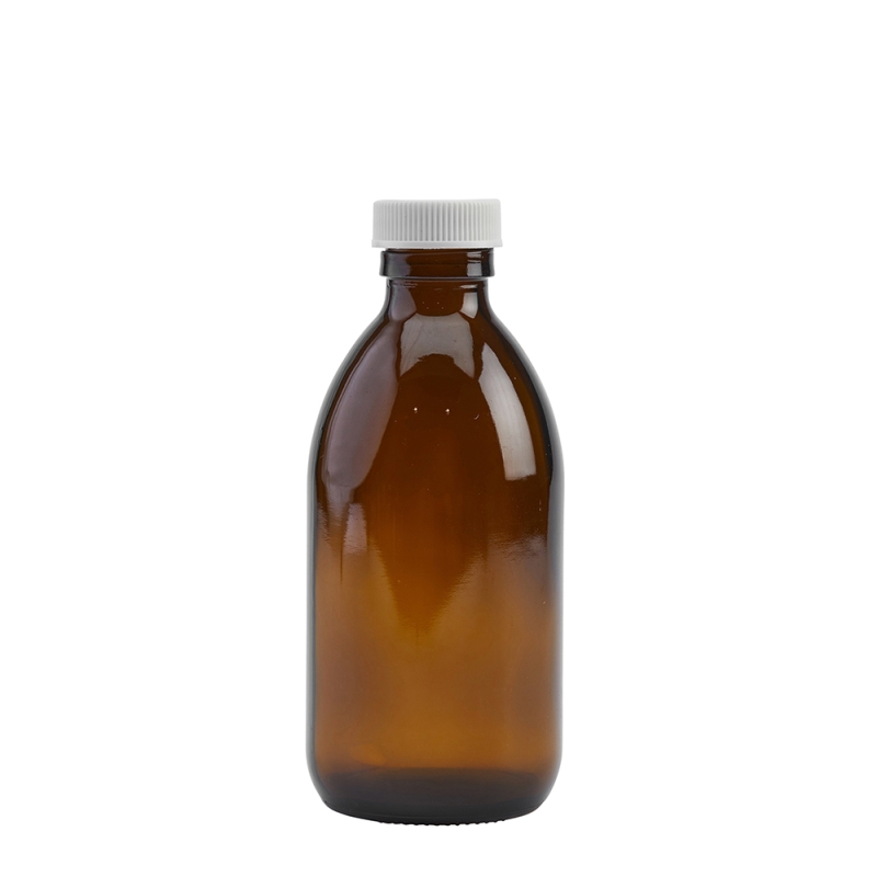 250ml Amber Syrup Btl & 28mm White Ribbed Polyring