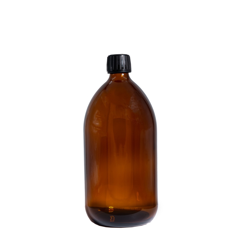 1000ml Amber Syrup Btl & 28mm Black Deep T/T