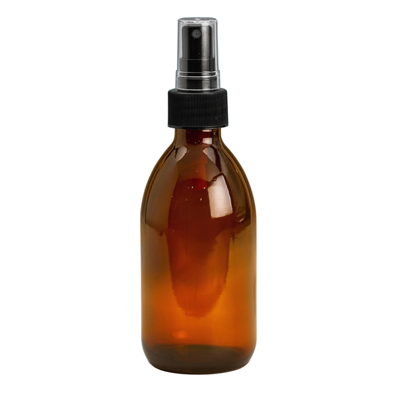 250ml Amber Syrup Btl & 28mm Black Ribbed Mist