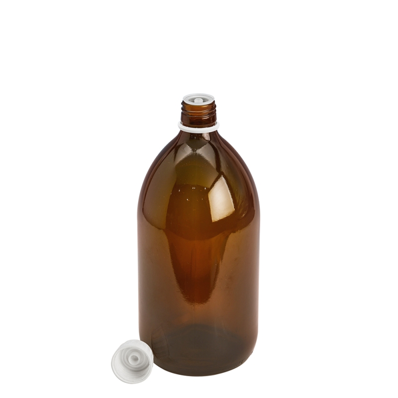 1000ml Amber Syrup Btl & 28mm White Pourer T/T