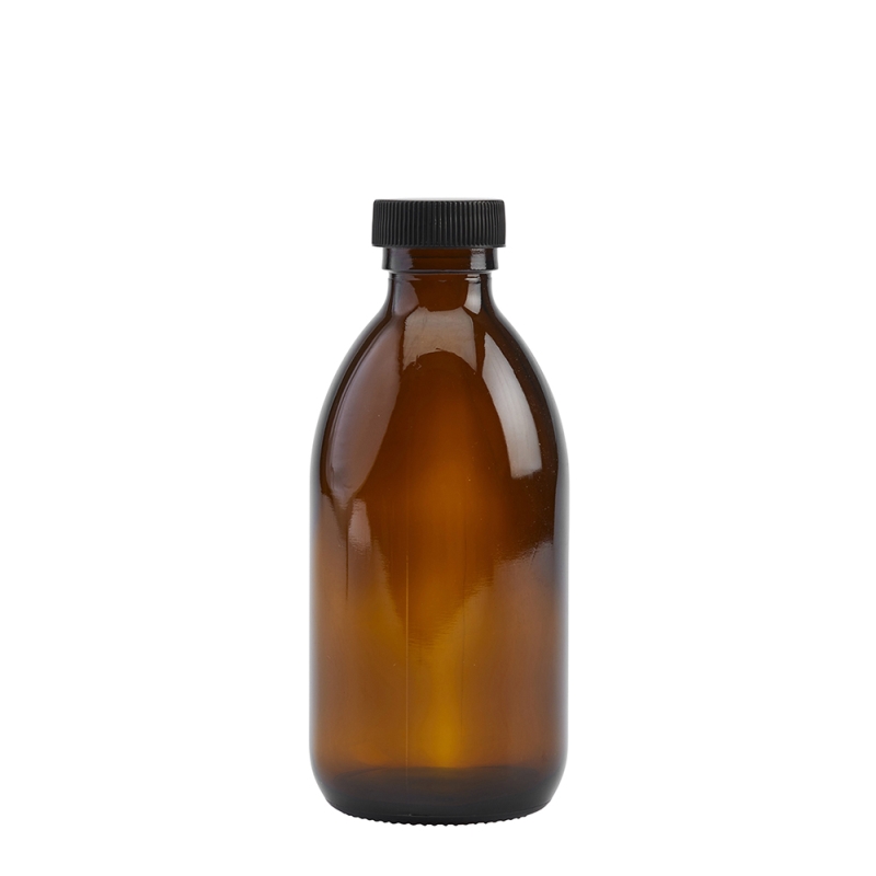 250ml Amber Syrup Btl & 28mm Black Ribbed Polyring