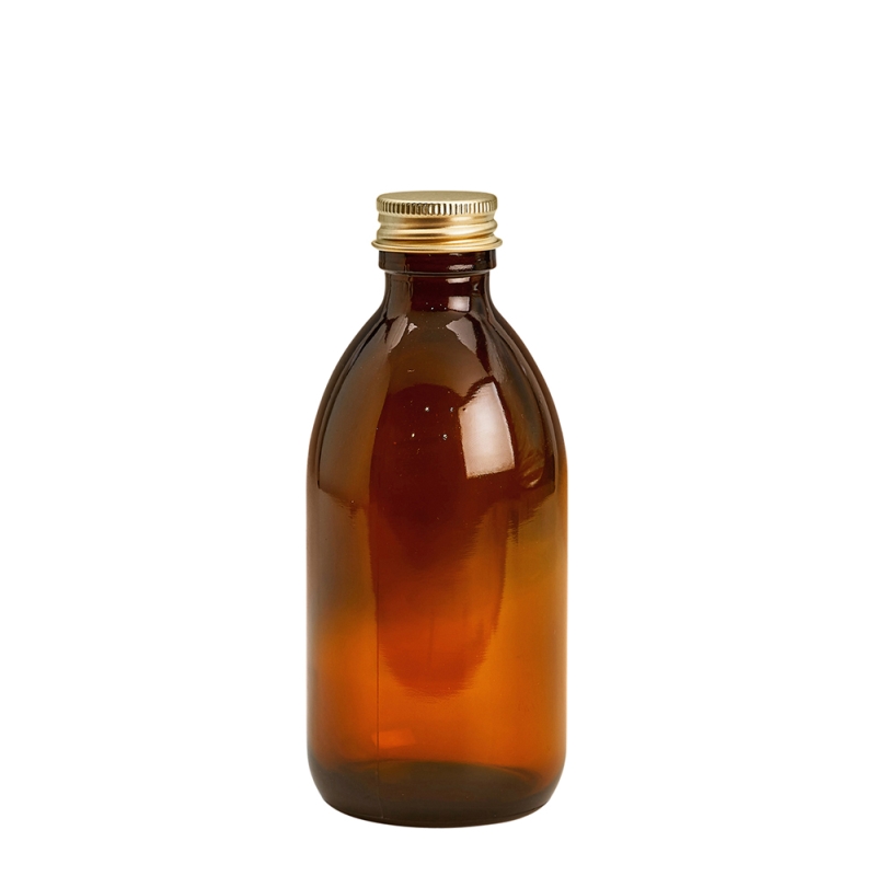 250ml Amber Syrup Btl & 28mm Gold Alum Wad Cap