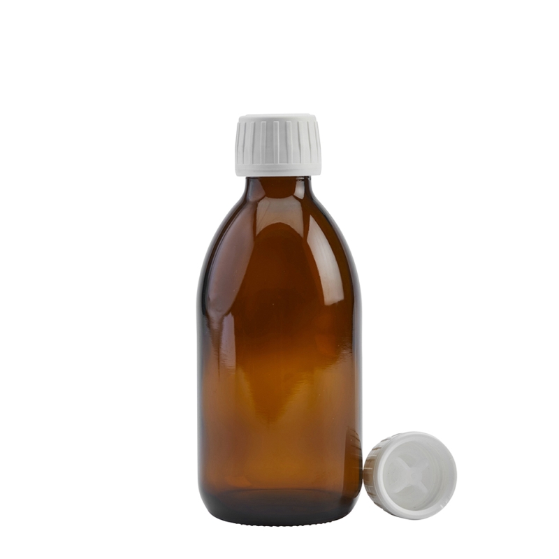 250ml Amber Syrup Btl & 28mm White Pourer T/T