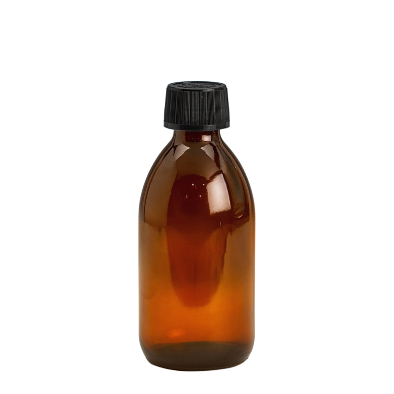 250ml Amber Syrup Btl & 28mm Black C/Resistant