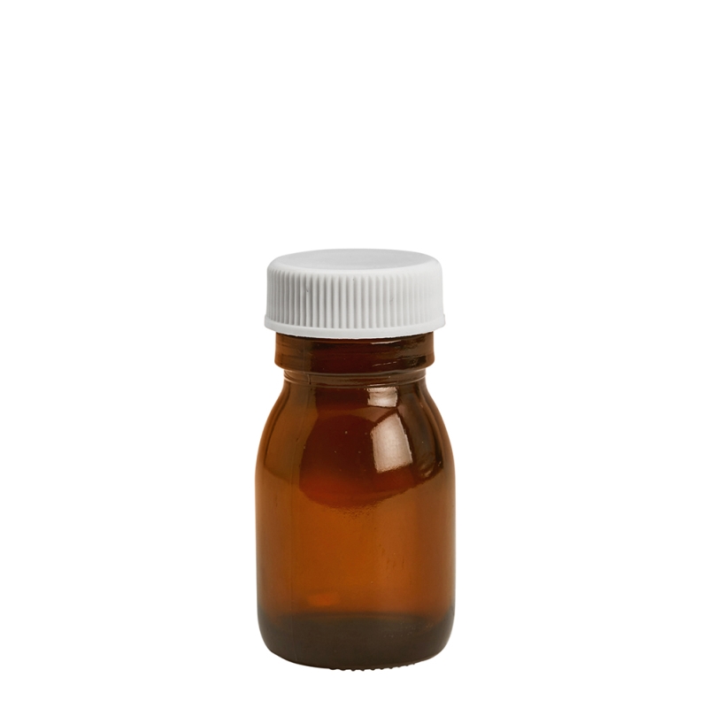 30ml Amber Syrup Btl & 28mm White Ribbed Polyring