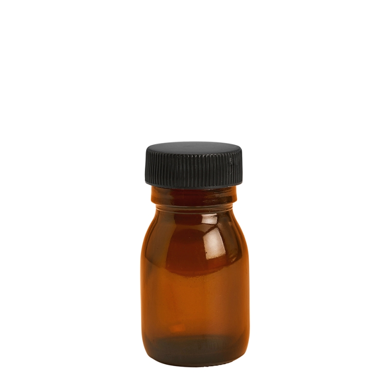 30ml Amber Syrup Btl & 28mm Black Wad Cap