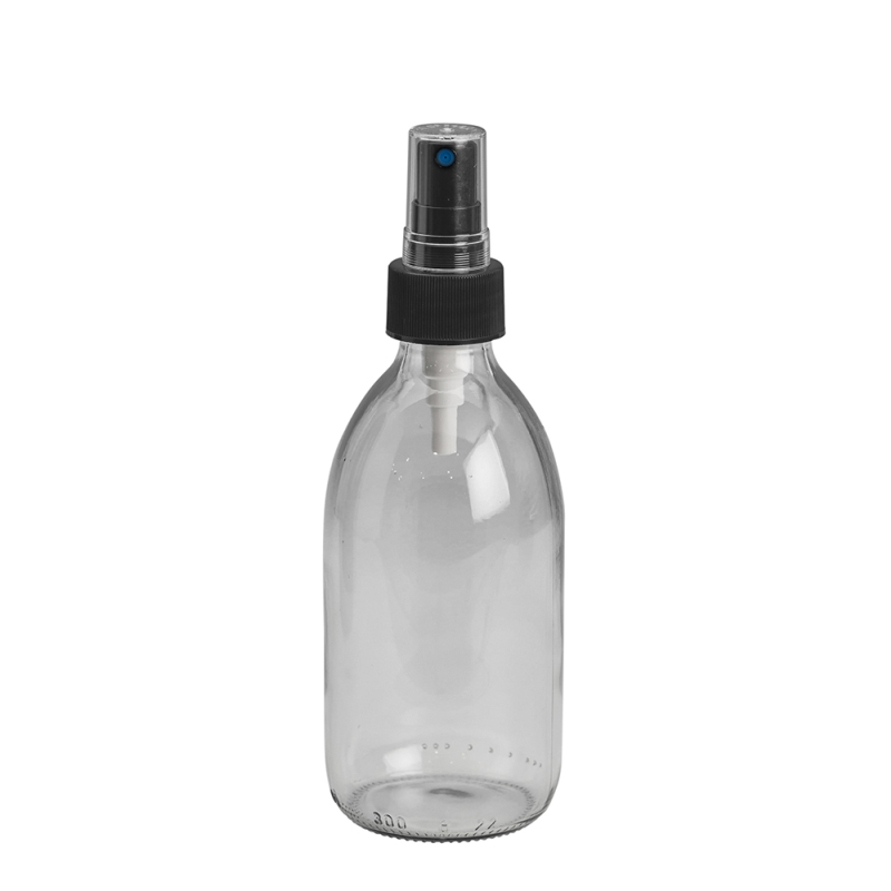 300ml Clear Syrup Btl & 28mm Black Ribbed Mist