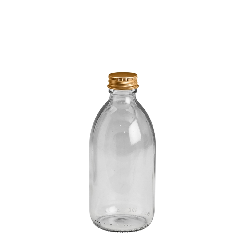 300ml Clear Syrup Btl & 28mm Gold Alum Wad Cap