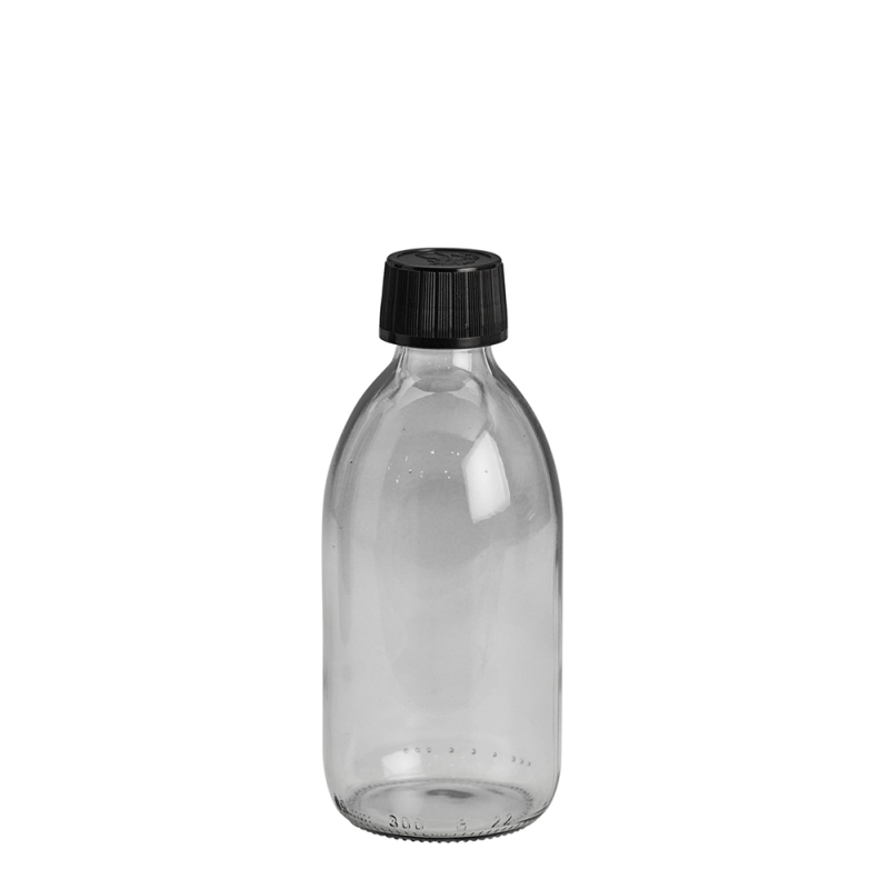 300ml Clear Syrup Btl & 28mm Black C/Resistant