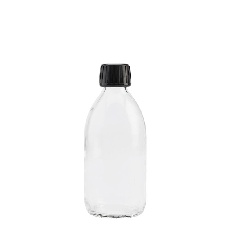 300ml Clear Syrup Btl & 28mm Black Deep T/T