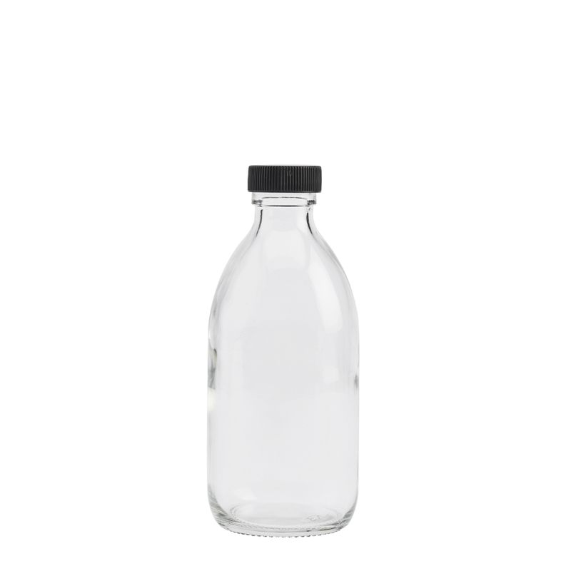 300ml Clear Syrup Btl & 28mm Black Ribbed Polyring