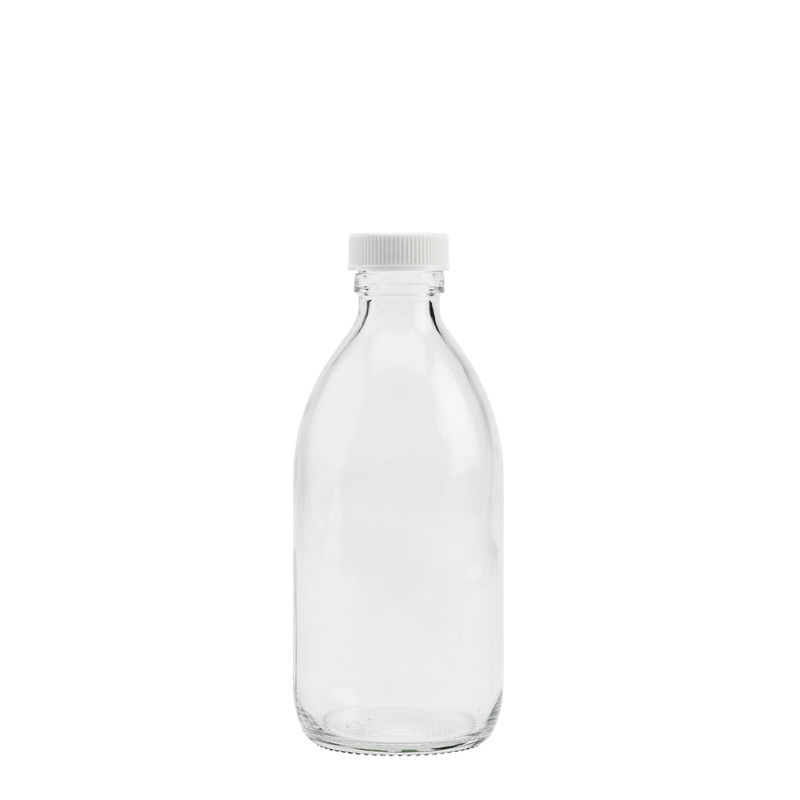 300ml Clear Syrup Btl & 28mm White Ribbed Polyring