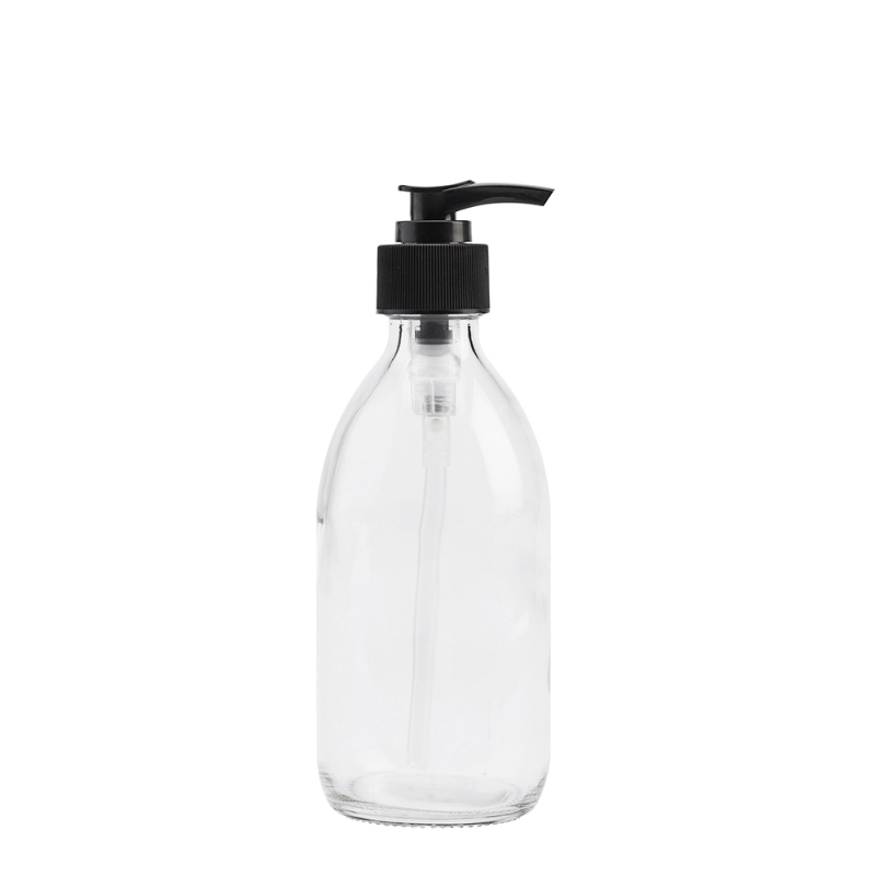 300ml Clear Syrup Btl & 28mm Black Ribbed Lotion