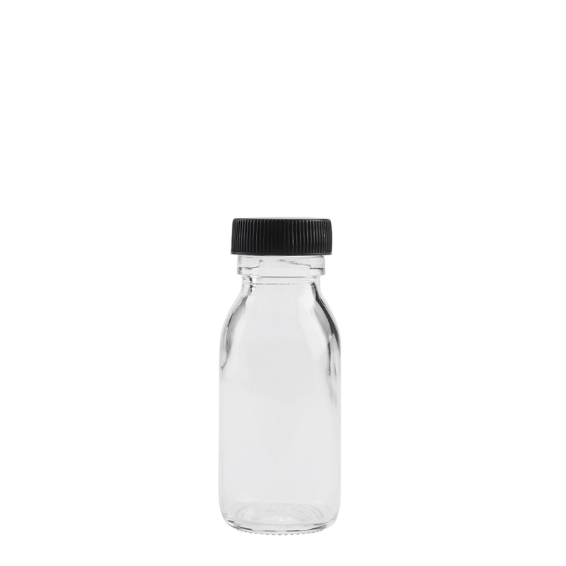 50ml Clear Syrup Btl & 28mm Black Wad Cap