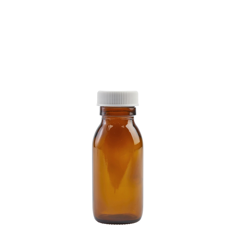 50ml Amber Syrup Btl & 28mm White Ribbed Polyring