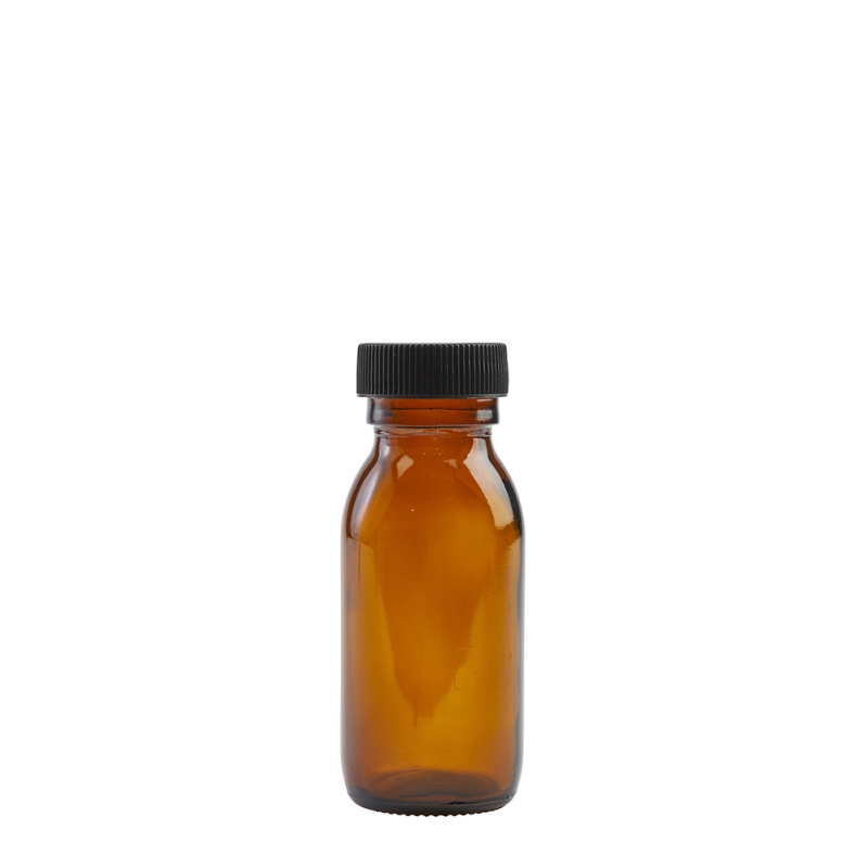 50ml Amber Syrup Btl & 28mm Black Ribbed Polyring