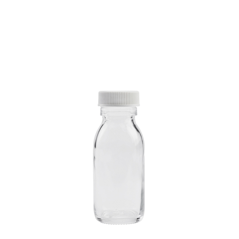 50ml Clear Syrup Btl & 28mm White Ribbed Polyring