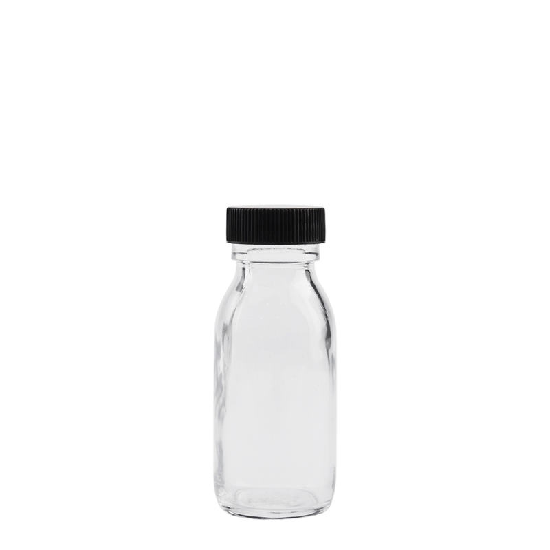 50ml Clear Syrup Btl & 28mm Black Ribbed Polyring