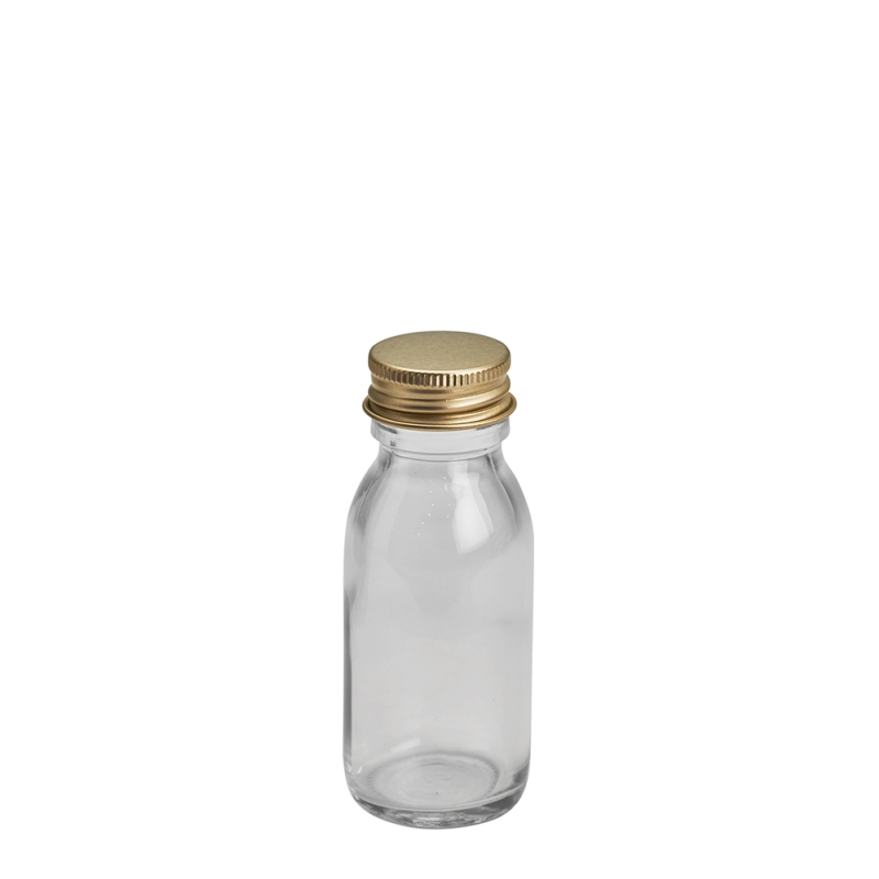 50ml Clear Syrup Btl & 28mm Gold Alum Wad Cap