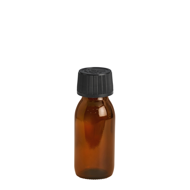 50ml Amber Syrup Btl & 28mm Black C/Resistant