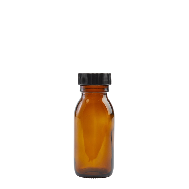 50ml Amber Syrup Btl & 28mm Black Wad Cap