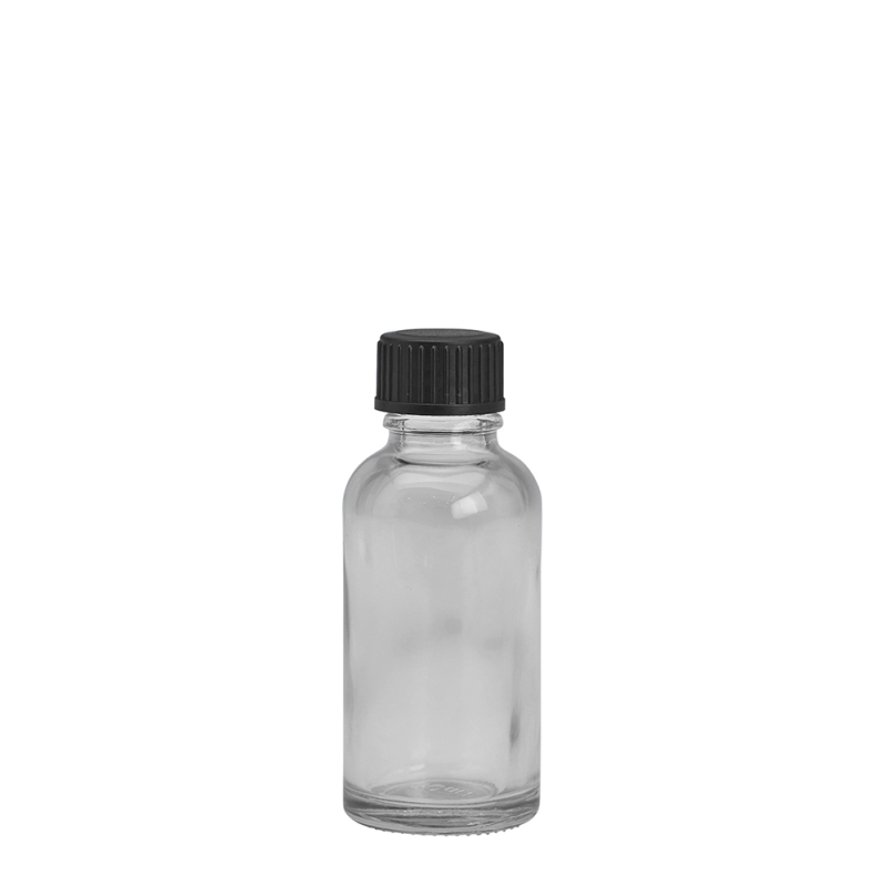 30ml Clear Drip Btl & 18mm Black Foam Wad Cap