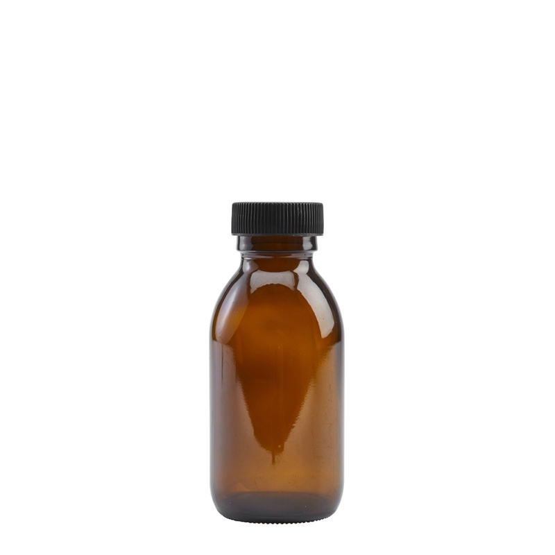 100ml Amber Syrup Btl & 28mm Black Ribbed Polyring