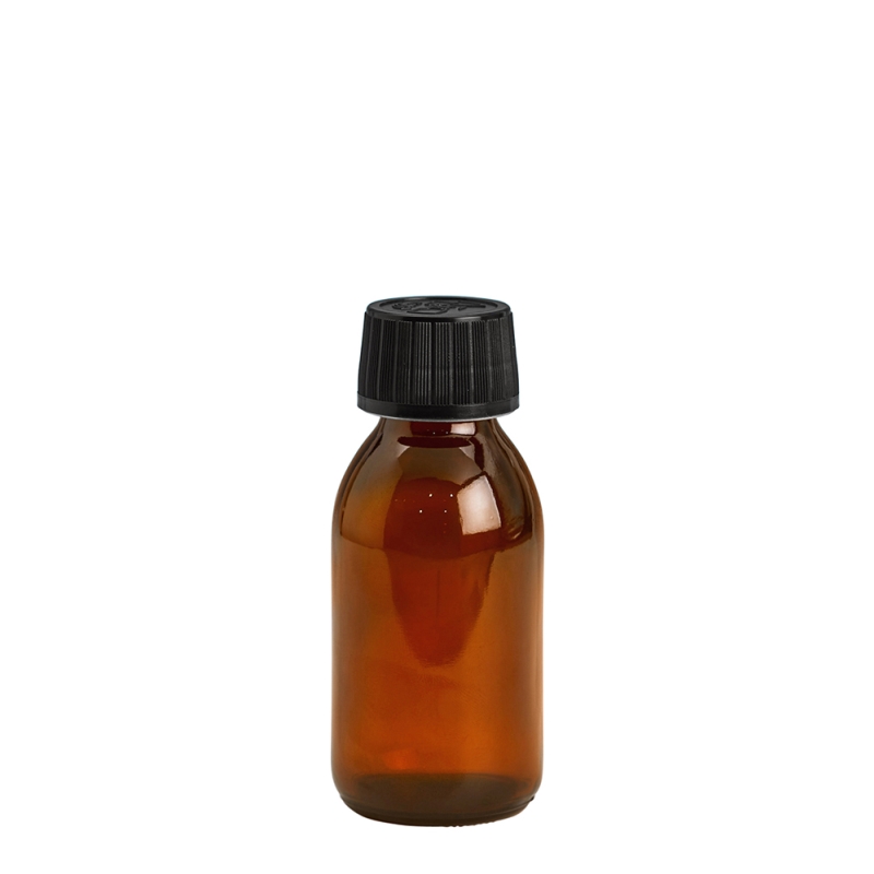 100ml Amber Syrup Btl & 28mm Black C/Resistant