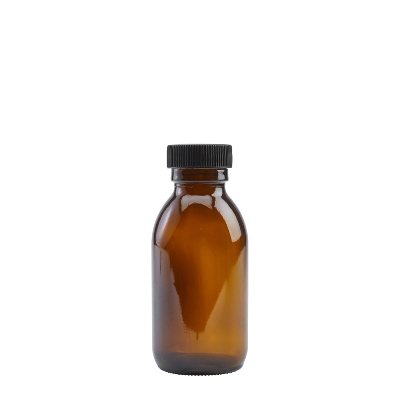 100ml Amber Syrup Btl & 28mm Black Wad Cap