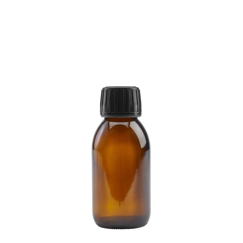 100ml Amber Syrup Btl & 28mm Black Deep T/T