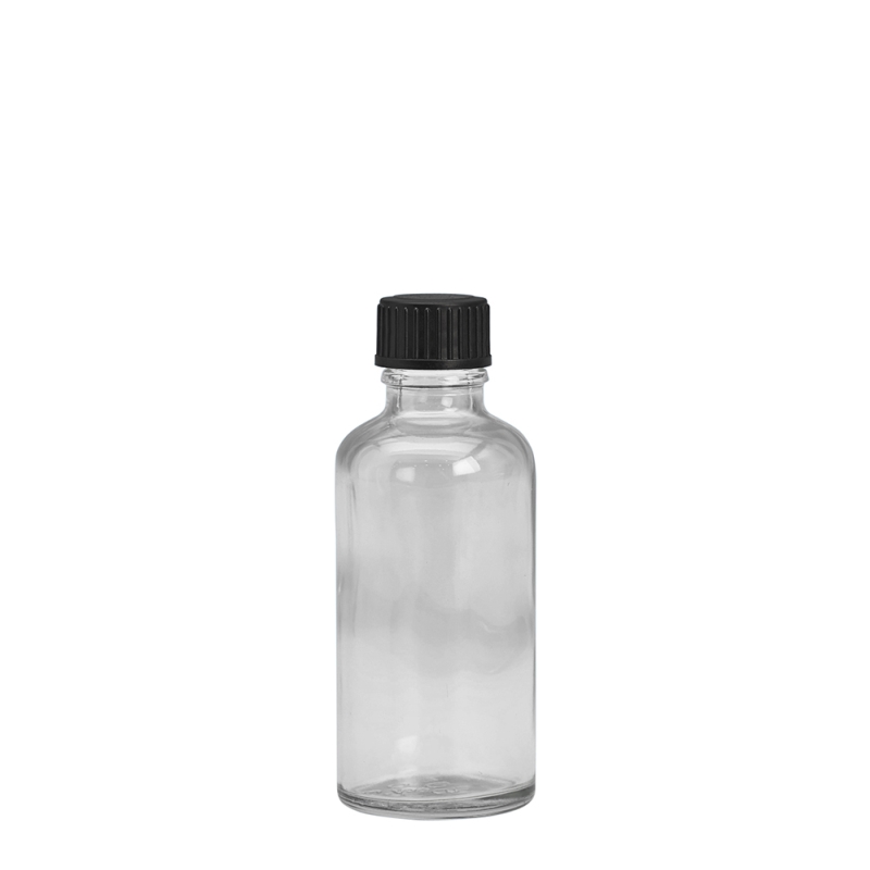 50ml Clear Drip Btl & 18mm Black Foam Wad Cap