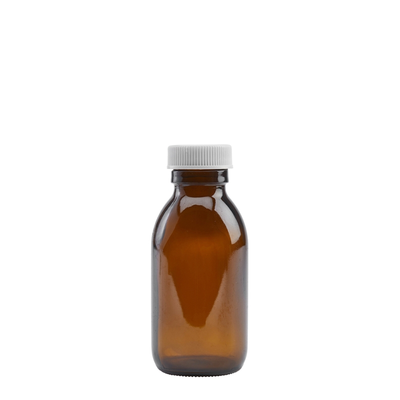 100ml Amber Syrup Btl & 28mm White Ribbed Polyring