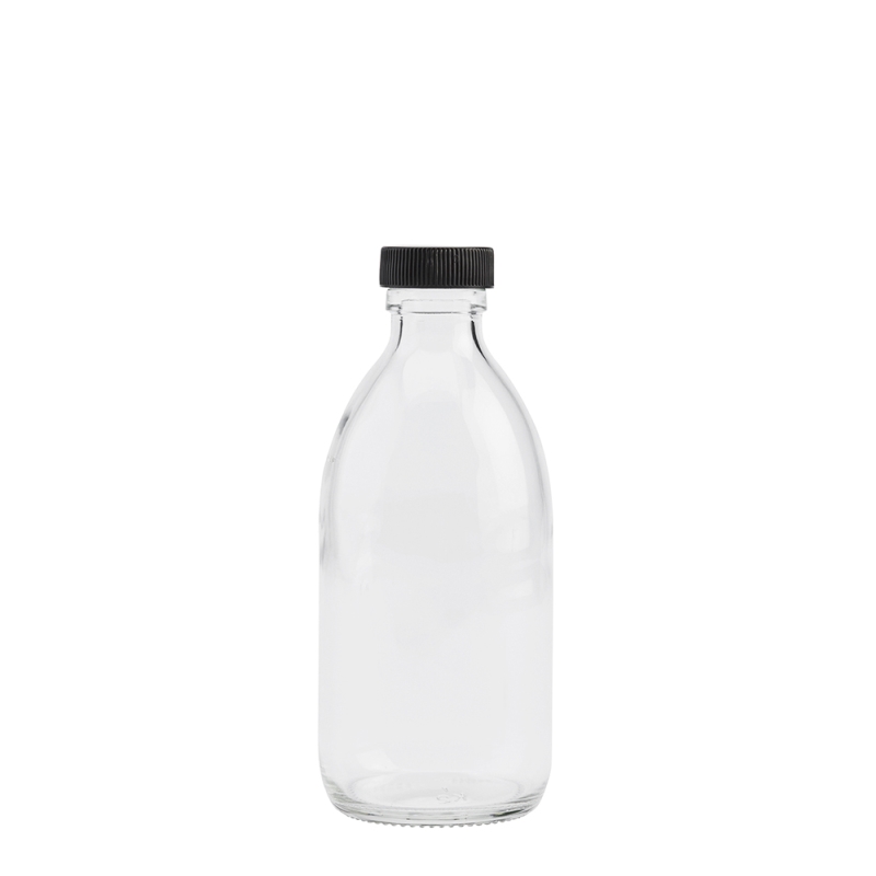 300ml Clear Syrup Btl & 28mm Black Wad Cap