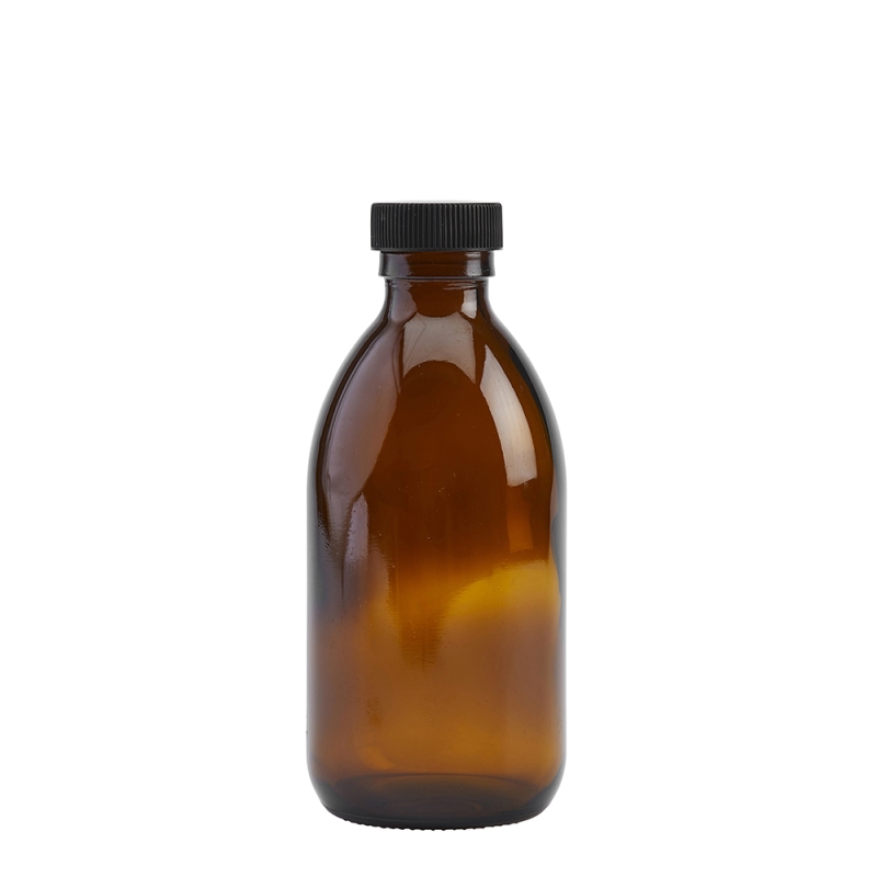 250ml Amber Syrup Btl & 28mm Black Wad Cap