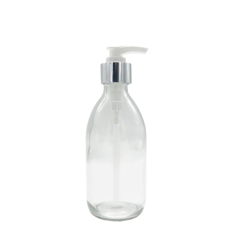 300ml Clear Syrup Btl & 28mm Silver/White Lotion Pump