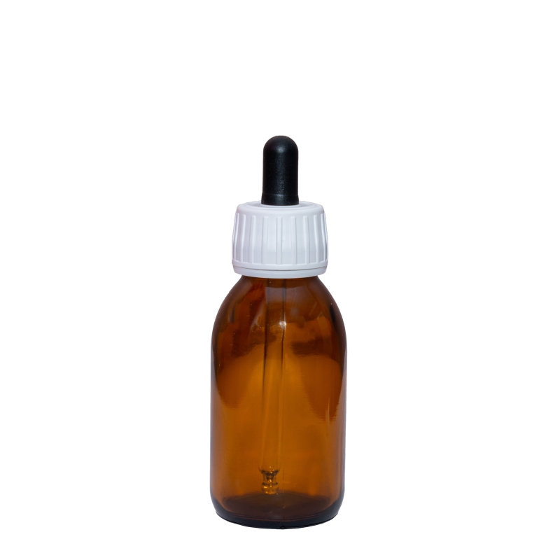 100ml Amber Syrup Btl & 28mm White Cap Black Teat Dropper