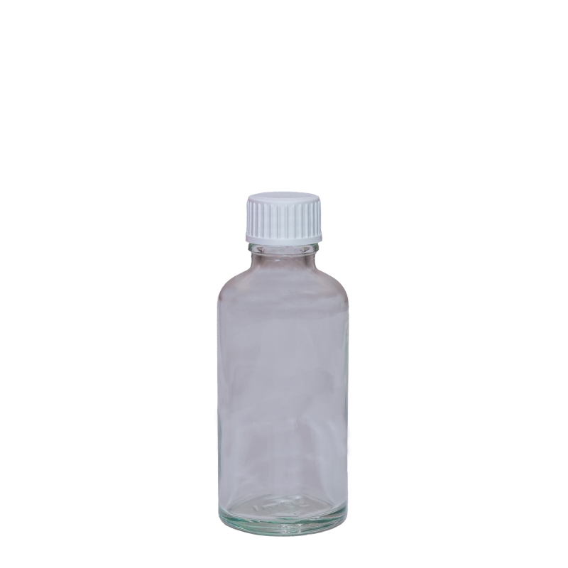 50ml Clear Drip Btl & 18mm White Foam Wad Cap